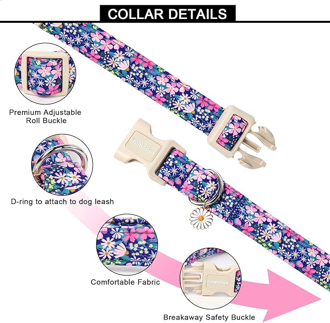 Lionet Paws Floral Dog Collar- Cute Spring Wildflowers Daisy Fleabane Dog Collars with Plastic Buckle, Light Adjustable Dog Collars for Medium Dogs