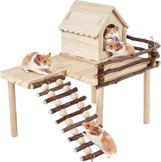 Wooden Hamster House and Platform, Hamsters Platform with Ladder, Hamster Cage Accessories, Cute Small Pets Toy for Hiding Sleeping Activities Habitat Decor