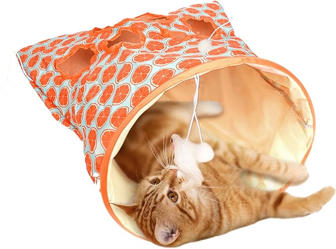 Cat Tunnel Toy, Cat Tunnel Bags with 1 Little Mouse & 3 Ball Crinkle Sack Bag for Cats, Portable Training Cave Collapsible Interactive Cat Drill Bag Pet Toy, Cat Self Interactive Toys(Orange)