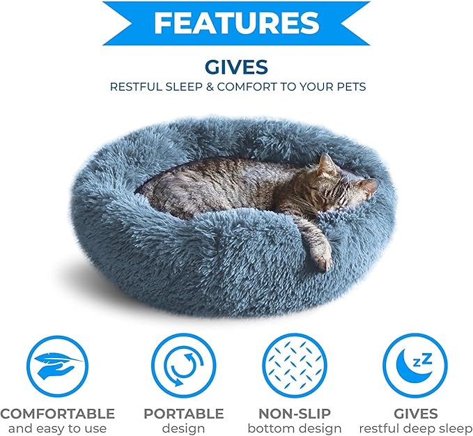 Whiskers & Friends Cat Beds for Indoor Cats, Fluffy Calming Donut Cat Bed, Small Dog Bed Washable - Orthopedic Soft Plush Pet Beds Sized for Kitten to Large Cats & Puppy to Small Dogs - Navy Grey 20''