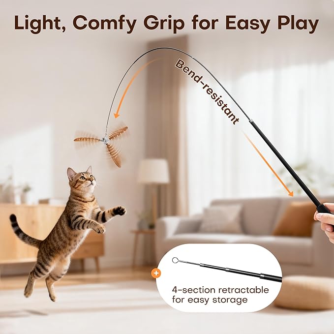 Potaroma Carbon Fiber Cat Wand Toy – Lightweight Retractable Interactive Feather Teaser Stick with 6 Detachable Feathers, Indoor Kitten Fishing Pole Toy with Bells, Durable Enrichment Fun