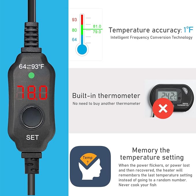 YukiHalu Super Mini Aquarium Heater, 10W 20W 30W Adjustable Fish Tank Heater with External Controller, Overheating Protection, Digital Display, Used for 0.5-3 Gallons(20 watts)