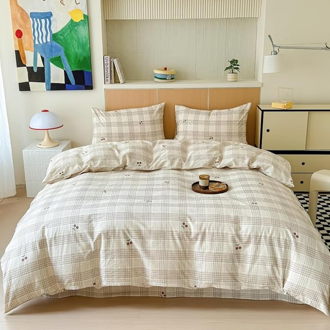 BlueBlue Cherry Duvet Cover Set Twin 100% Cotton Bedding for Kids Boys Girls Teens Red Cherry Grid Stripe on Cream White 1 Cartoon Fruit Comforter Cover 2 Pillowcases (Twin)