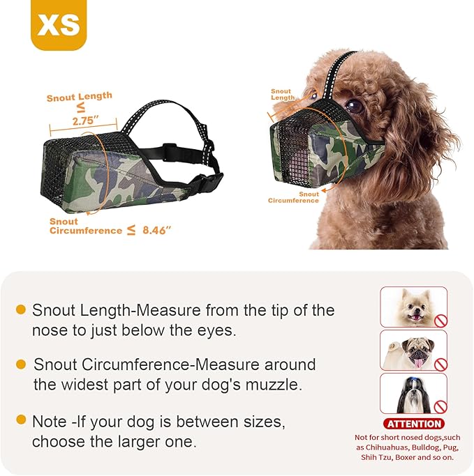 Mesh Dog Muzzle, Breathable Soft Dog Muzzle with Reflective Straps for Secure Fit, Prevents Biting, Chewing Scavenging- Adjustable for Small Medium Large Dogs,Camo,XS