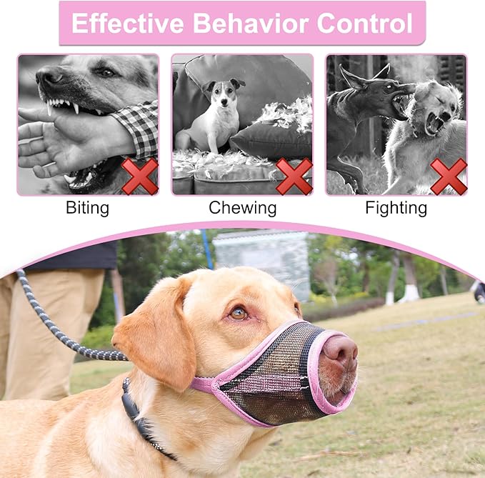 LUCKYPAW Dog Muzzle, Mesh Muzzle for Large Medium Dogs, Soft Mouth Cover to Prevent Biting Chewing, Drinkable Breathable Adjustable Puppy Mouth Guard(XL, Pink)