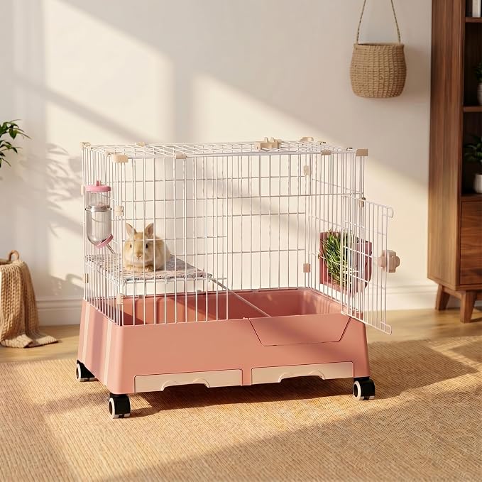 STILLCOVE 2-Tier Rabbit Cage: Small Animal Pets Enclosure with Water Bottle | Hay Feeder, Liner, Dustpan & Brush Set, Guinea Pig Hamster Bunny Hutch, Small Pet Habitat for Ferret Chinchilla Rodent Indoor