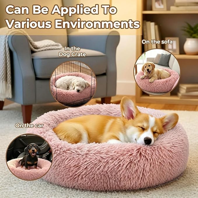 Calming Large Donut Dog and Cat Bed, Anti-Anxiety Round Soft Fluffy Plush Faux Fur Washable Anti-Slip Pet Bed for Medium Dogs Up to 35 lbs 28in Pink
