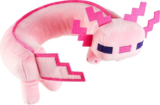 Mattel Minecraft Axolotl Neck Pillow, Plush Toy with Sound Feature, Curved to Stay in Place