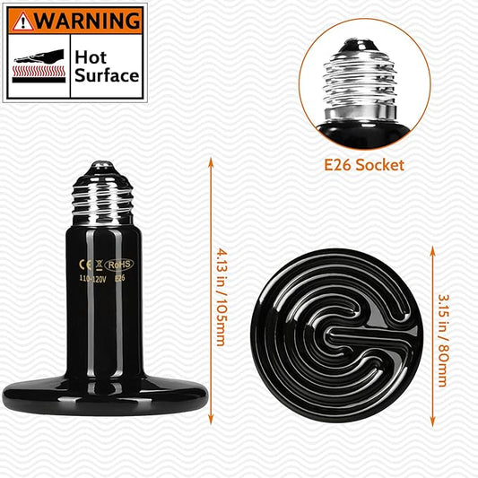 200W Ceramic Heat Emitter - Black Reptile Heat Bulb - Infrared Reptile Heat Lamp for Lizards, Amphibians, Turtles, Dogs, Cats - Ideal for Pet Heating - No Light, No Harm - ETL Listed