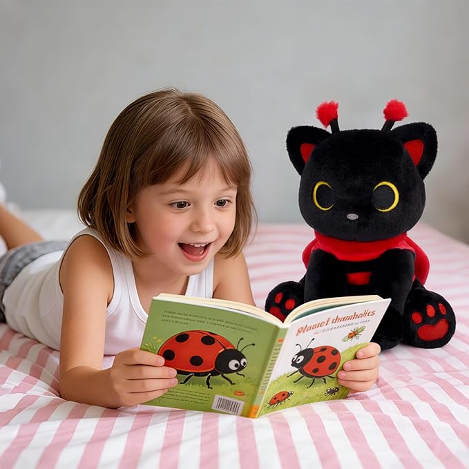 Black Cat Plush with Removable Ladybug Costume, 8inch Black Cat Stuffed Animal with Big Eyes Cute Soft Huggable Toy for Boys Girls,Toddlers Insect-Themed Room Decor Birthday Gifts