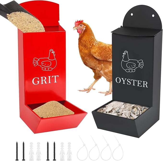 2Pack Chicken Grit Feeder, Metal Oyster Shell Feeder with Lid, Hanging Gravity Chicken Poultry Feeders Trough, Coop Accessories Supplies