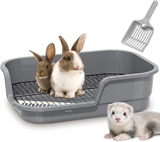 Large Rabbit Litter Box Corner Grated Bunny Potty Trainer with Stainless Steel Grate for Adult Guinea Pigs Rabbits Hamsters Chinchillas Ferrets Gerbils & All Small Pets Includes Scoop (Gray)