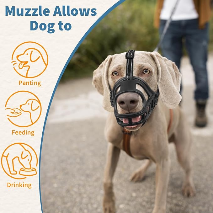 BARKLESS Dog Basket Muzzle for Medium & Large Dogs, Humane Cage Muzzle Prevent Biting Scavenging, Breathable Open Front Mouth Cover with Reflective Strap for Training, Walking Vet Visits (Black, L)