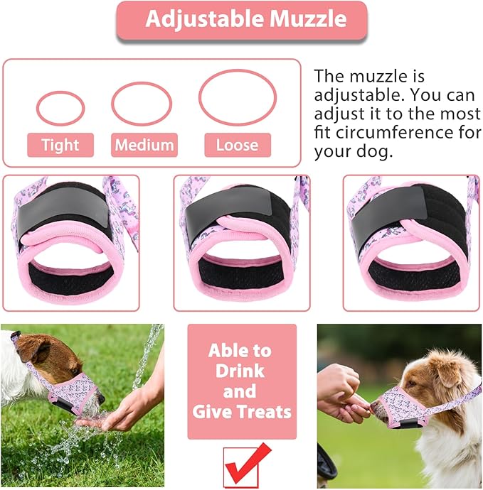 LUCKYPAW Dog Muzzle Anti Biting Barking and Chewing with Comfortable Mesh Soft Fabric and Adjustable Strap, Suitable for Small, Medium and Large Dogs(Pink Unicone,S)