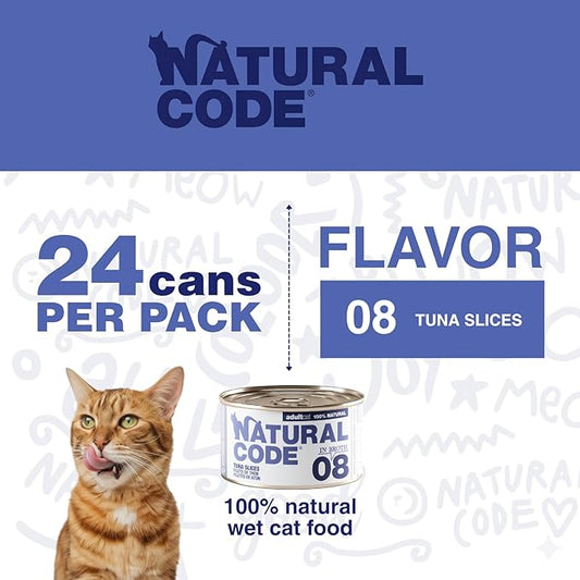 Natural Code - 24 Pack Wet Cat Food, Limited Ingredient Cat Food, High-Protein, Non-GMO, No Artificial Additives, Made in Italy, Tuna in Broth for Adult Cats, 3 oz