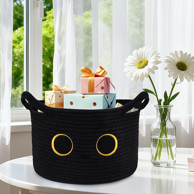 Black Cat Toy Basket for Nursery, Large Cute Cat Oval Woven Cotton Rope Blanket Storage Basket, Baby 0rganize Blanket Shower Hamper with Handles, Gifts Empty Storage Cat Bin,13"D x 8"H in