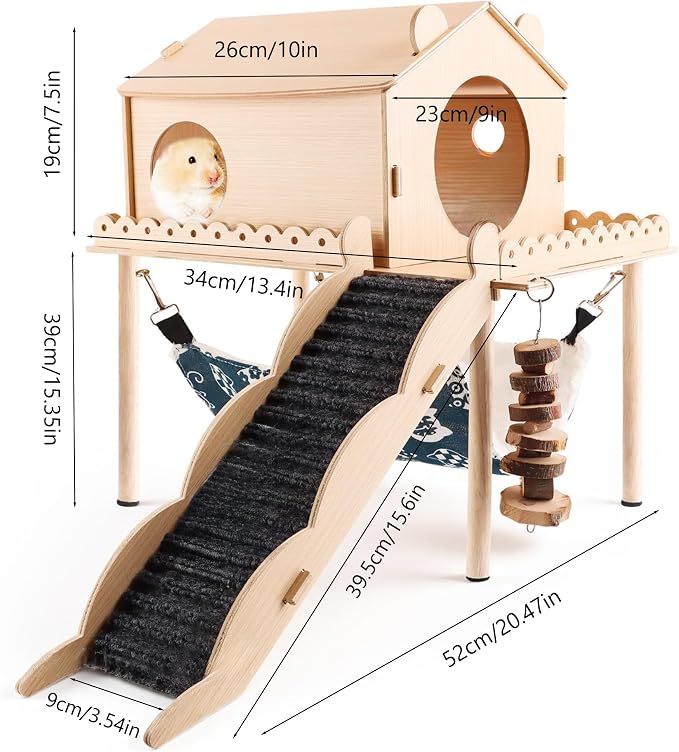 Guinea Pig Hideout Wooden Guinea Pig Castle with Stair, Hammock and House Detachable Double-Decker Guinea Pigs House for Guinea Pigs Hamsters Rabbit Chinchilla Small Animal Hiding Sleeping Activities