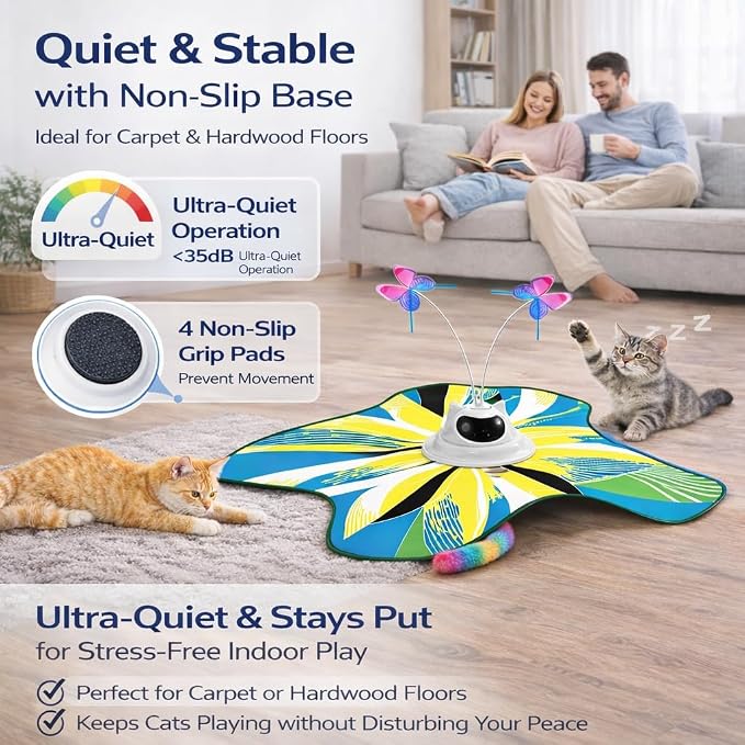 Interactive Cat Toy for Indoor Cats, Rechargeable 3-in-1 Hide and Seek Cat Toy with Spinning Butterfly & Plush Tail, Ultra-Quiet Touch Activated Self Play Cat Exercise Toy for Adult Cats & Kittens | Touch Activated, Spinning Butterfly, Plush Tail, Ultr...