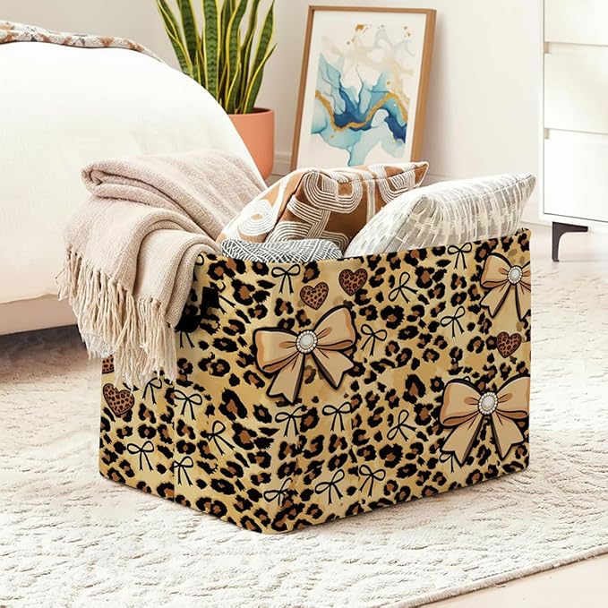 56L Leopard Print Bows Laundry Basket Clothes Hamper with Handles,Foldable Blanket Storage Large Laundry Hamper with Waterproof PE,Toy Storage Bin Organizer,Cube Clothes Organizer,Home Decor