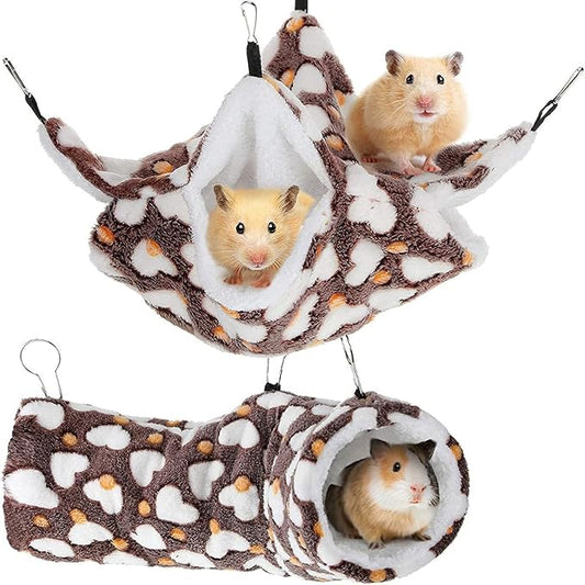 Double Hammock Hanging Tunnel for Ferret Bed and Cage Accessories, Rat Cage Hammock, Sugar Glider Toys(Brown,Heart)
