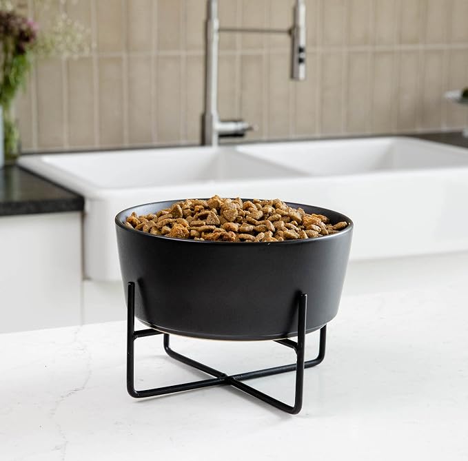 Waggo Simple Solid Dog Bowl and Dog Bowl Stand - Single Iron Stand with Single Ceramic Feeder or Water Bowl, Small or Large Dog Elevated Pet Feeder (Small, Matte Black)