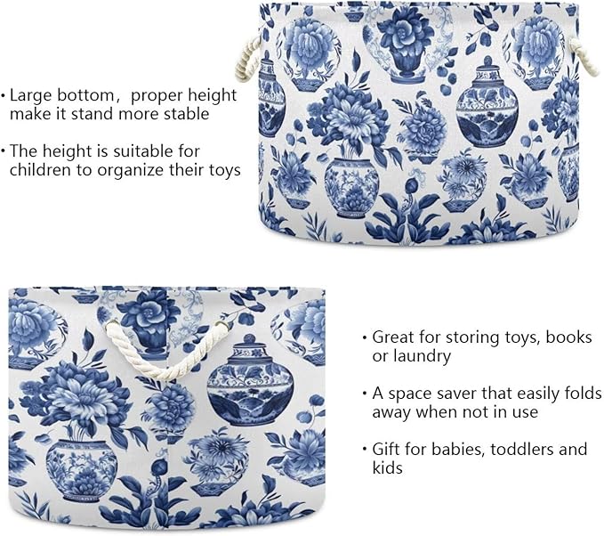 Blue White Floral Print Round Storage Basket Chinoiserie Vase Flower Large Laundry Hamper 20 x 20 x 14 Inches Organizer Bin with Handles Clothes Storage Bag for Nursery Bedroom Living Room Decor