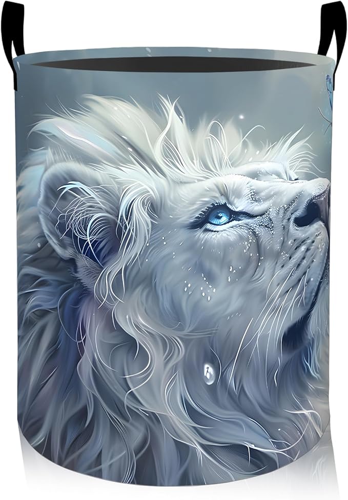 Elegant Lion Laundry Basket, Oxford Cloth Fantasy Nature Dirty Clothes Collapsible Hamper for Room Decor, Butterfly Insect Print Gifts Toy Organizer 19.7 * 15.8 Inch for Bedroom Bathroom Dorm