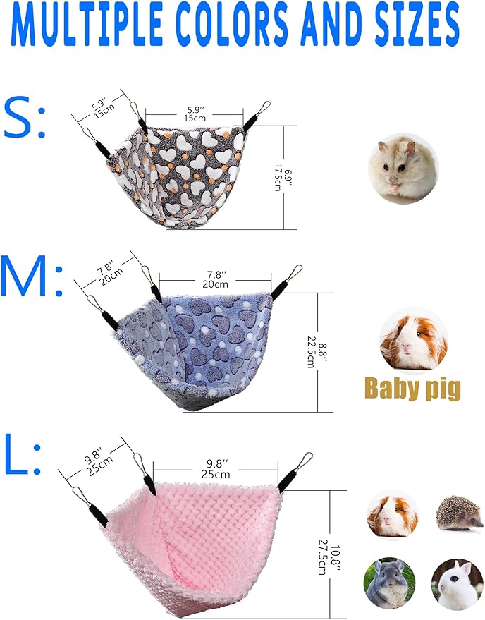 Pack of 2 Hanging Corner Hammock with Hooks for Rats, Squirrels, Sugar Gliders, Guinea Pigs, Hamsters and Other Small Animals. Perfect for Pet Critter Cages. M, Blue+Pink