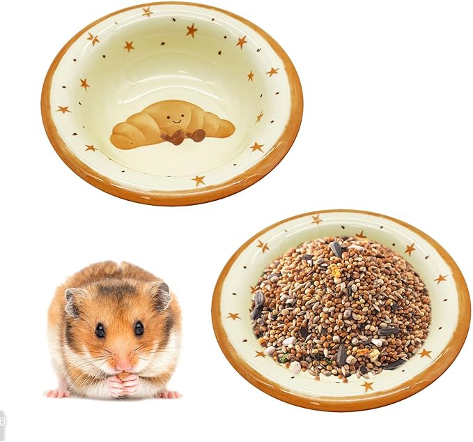 kathson Hamster Ceramic Food Bowl Small Animal Bowls with Croissant Pattern for Cage Guinea Pig Anti-Turning Food and Water Dish Pet Feeder for Gerbil Hedgehog 2PCS