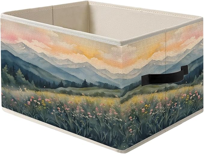 Abstract Boho Mountains Floral Storage Bins, Wildflower Nature Landscape Foldable Closet Organizers Storage Basket Toybox for Clothes Bed Sheets Blankets Toys