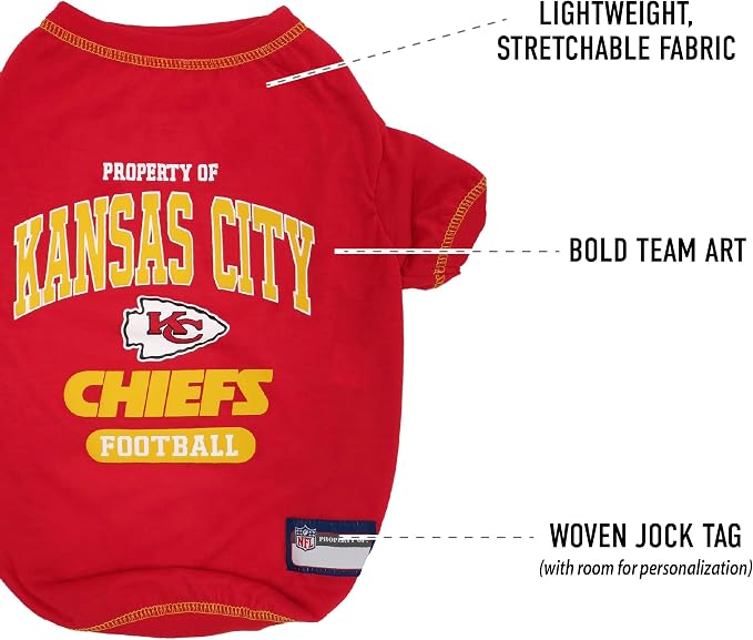 NFL Kansas City Chiefs Dog T-Shirt for Pets, Size Medium. Officially Licensed Pet Shirt with Team Logo, Soft Stretchable Comfort Fit Apparel for Dogs & Cats