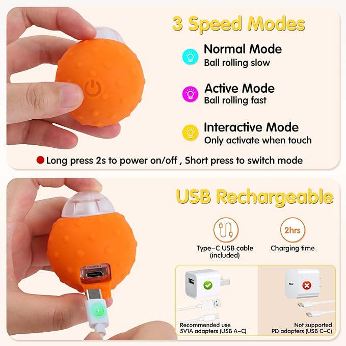Muhhiba Interactive Cat Toys Balls, Automatic Moving Cat Toys for Indoor Cats, Self Rotating Ball with Motion Activated, Electric Cat Mouse Toys, USB Rechargeable