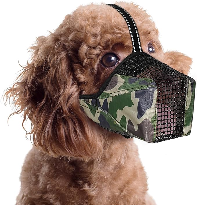 Mesh Dog Muzzle, Breathable Soft Dog Muzzle with Reflective Straps for Secure Fit, Prevents Biting, Chewing Scavenging- Adjustable for Small Medium Large Dogs,Camo,XS