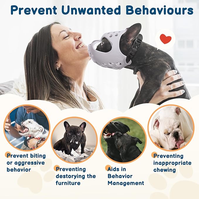 BARKLESS Dog Muzzle for Short Snout, Soft English Bulldog Muzzle for Biting, Chewing, Licking, Flat-Faced Bulldog Mouth Guard for Aggressive Dogs Grooming Walking, Allows Drinking