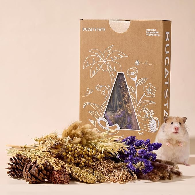BUCATSTATE 90PCS Natural Hamster Bedding - Flowers & Herbs & Sprays for Cage Habitat Decor - Treat Cereal Grain for Dwarf Syrian Gerbils, Mice, Rat, Forage, Enrichment.