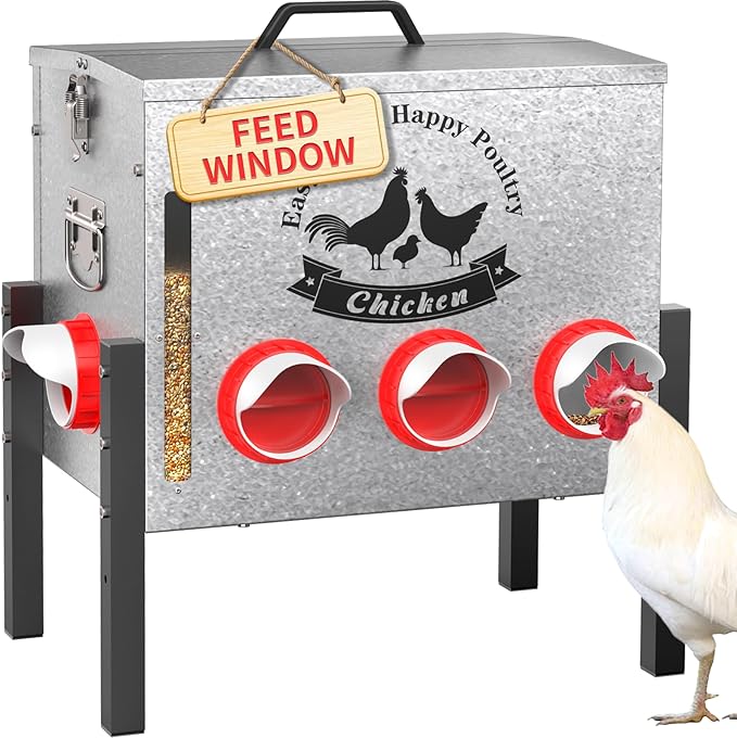 10gal 55LB Large Automatic Chicken Feeder with Window - 8 Port No Waste Design, Rust-Proof Alloy Steel with Locking Lid & Adjustable Legs, Waterproof Silo for Hens, Ducks, Geese, Poultry
