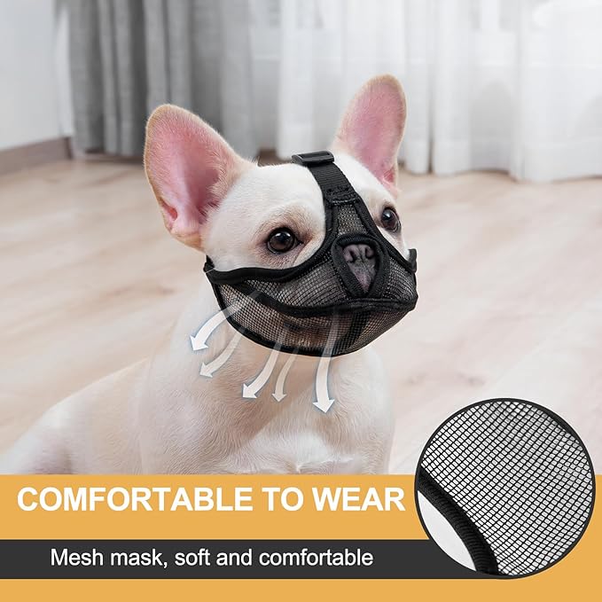 OHCOZZY Short Snout Dog Muzzle, Won’t Cover Forehead Bulldog Muzzle Adjustable Breathe Mesh, Anti Bitting Chewing Barking（S,Black）