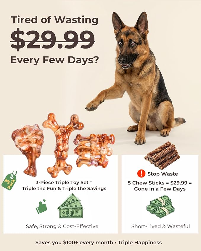 Tough Dog Toys for Aggressive Chewers: 3 Pack Dog Chew Toys, Indestructible Dog Toys for Large Dogs, Durable Heavy Duty Hard Big Toy for Super Chewer 25-90lbs, Bacon Flavor, Keep Them Busy