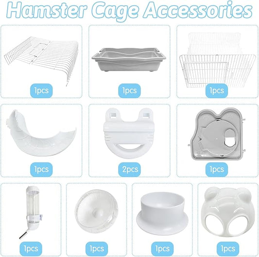 PINVNBY Dwarf Hamster Cage, Small Animal Cages, 2-Tier Travel Portable Mouse Cage Hamster Carrier with Castle House Running Exercise Wheels, Water Bottle and Food Dish（Gray）