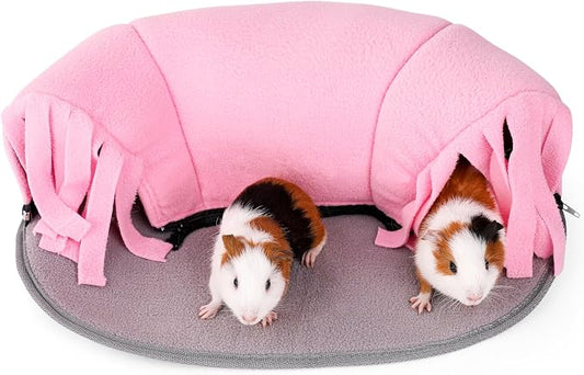 Guinea Pig Tunnel, 2-Way Tunnel for Guinea Pig, Hamster and Other Small Pets, Zip Design for Use and Storage, Pure Pink and Grey
