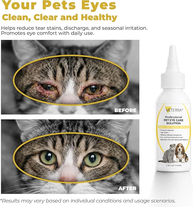 Dog and Cat Eye Care Solution for Dogs & Cats – Vet Recommended Eye Cleaner, Helps Remove Eye Discharge & Tear Stains, Supports Eye Hygiene, Gentle Daily Use Eye Wash - 3.38 Oz 100 Ml
