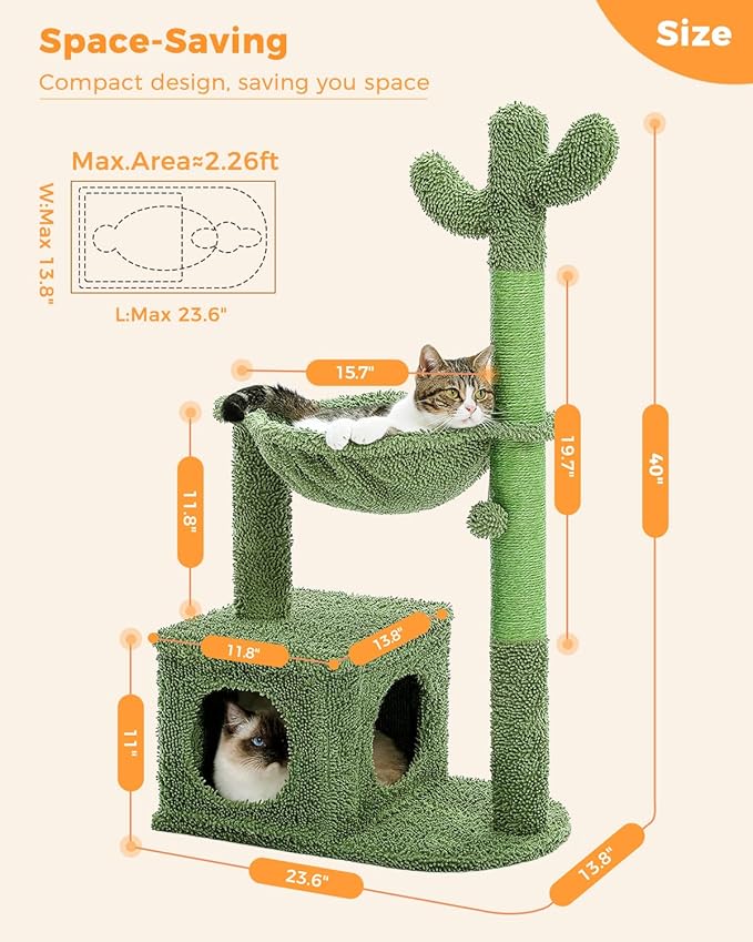 MUTTROS Cactus Cat Tree 40" Cat Tower with Large Metal Carpet Hammock, Cat Scratching Post for Indoor Cats with Condo & Replaceable Toy Ball, Green