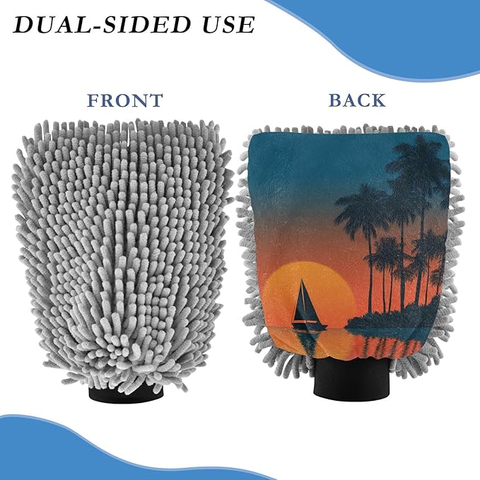 Car Wash Mitt Microfiber Wash Mitts for Car Washing Scratch-Free Cleaning Gloves Soft Non Absorbent Chenille Auto Hand Mitt Large 2Pack Tropical Sunset Ships Blue