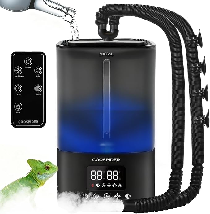 Coospider Reptile Fogger Humidifier, Automatic Humidifiers for Reptiles Tank, Terrarium Humidifiers with Dual Hose Timer Humidity Control, Reptile Mister for Amphibians Herps Vivarium (5L/1.32Gallon)