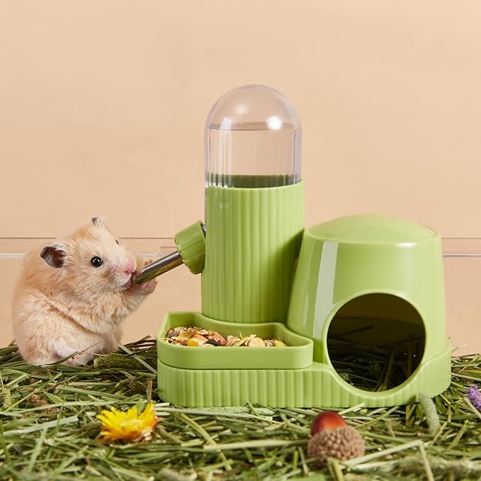 3 in 1 Hamster Water Bottle No Drip Automatic Leakproof Dispenser with Food Container and Hideout Base for Gerbil Rat Dwarf Hamster Mouse (Green, 3.4oz)