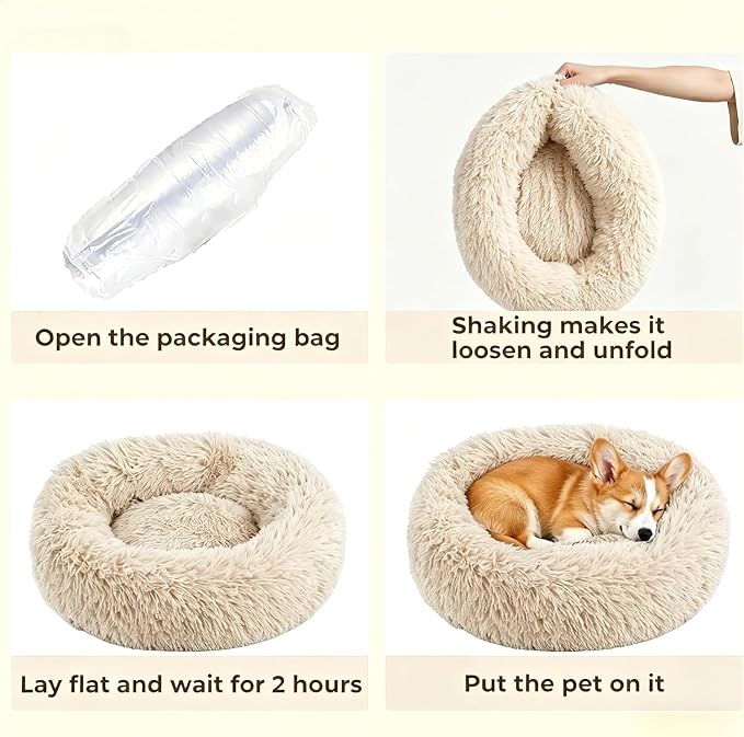 Calming Large Donut Dog and Cat Bed, Anti-Anxiety Round Soft Fluffy Plush Faux Fur Washable Anti-Slip Pet Bed for Medium Dogs Up to 35 lbs 28in Light-Brown