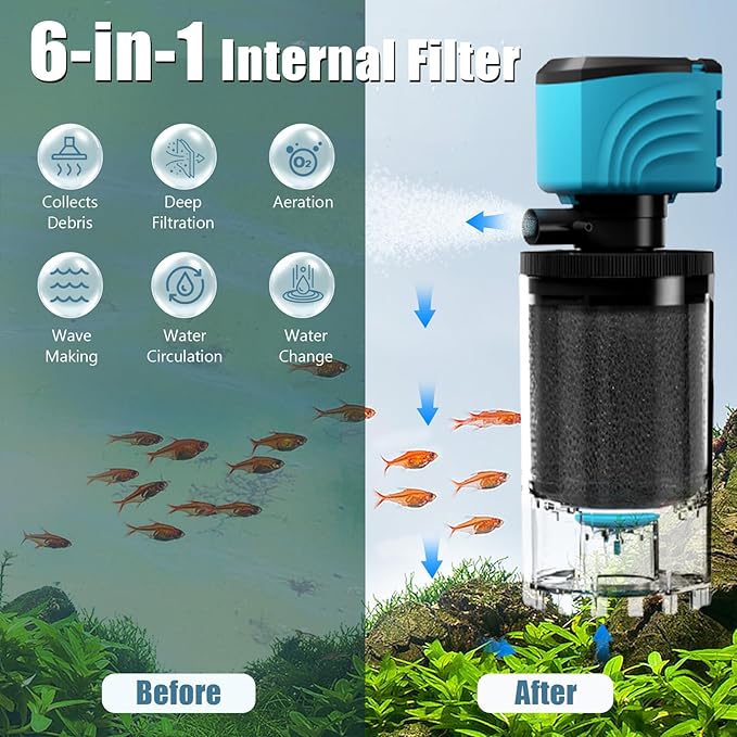 Internal Aquarium Filter, Upgraded 15–50 Gallon Fish Tank Filters, 210GPH Submersible Whisper Pump for Turtle Tank with Debris Tray, Check Valve, Fresh & Saltwater