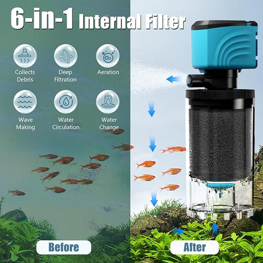 Internal Aquarium Filter, Upgraded 15–50 Gallon Fish Tank Filters, 210GPH Submersible Whisper Pump for Turtle Tank with Debris Tray, Check Valve, Fresh & Saltwater