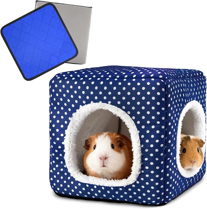 Guinea Pig Hideout with 2 Removable Mat, Two Entrances, Dwarf Rabbit Bed, Washable Bunny House, Small Pet Accessories Blue Dot
