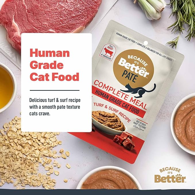 Because It’s Better Pate Complete Meal - Wet Cat Food - Turf & Surf Recipe - Organic, Balanced, Smooth Pate Texture, Human-Grade Ingredients, Grain Free, 2.6 oz Pouches (12 Count)